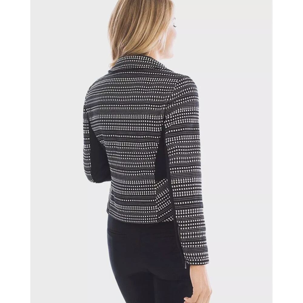 CHICO'S  Black & White Stripe Textured Moto Zip Up Jacket // 0 - Picture 2 of 10